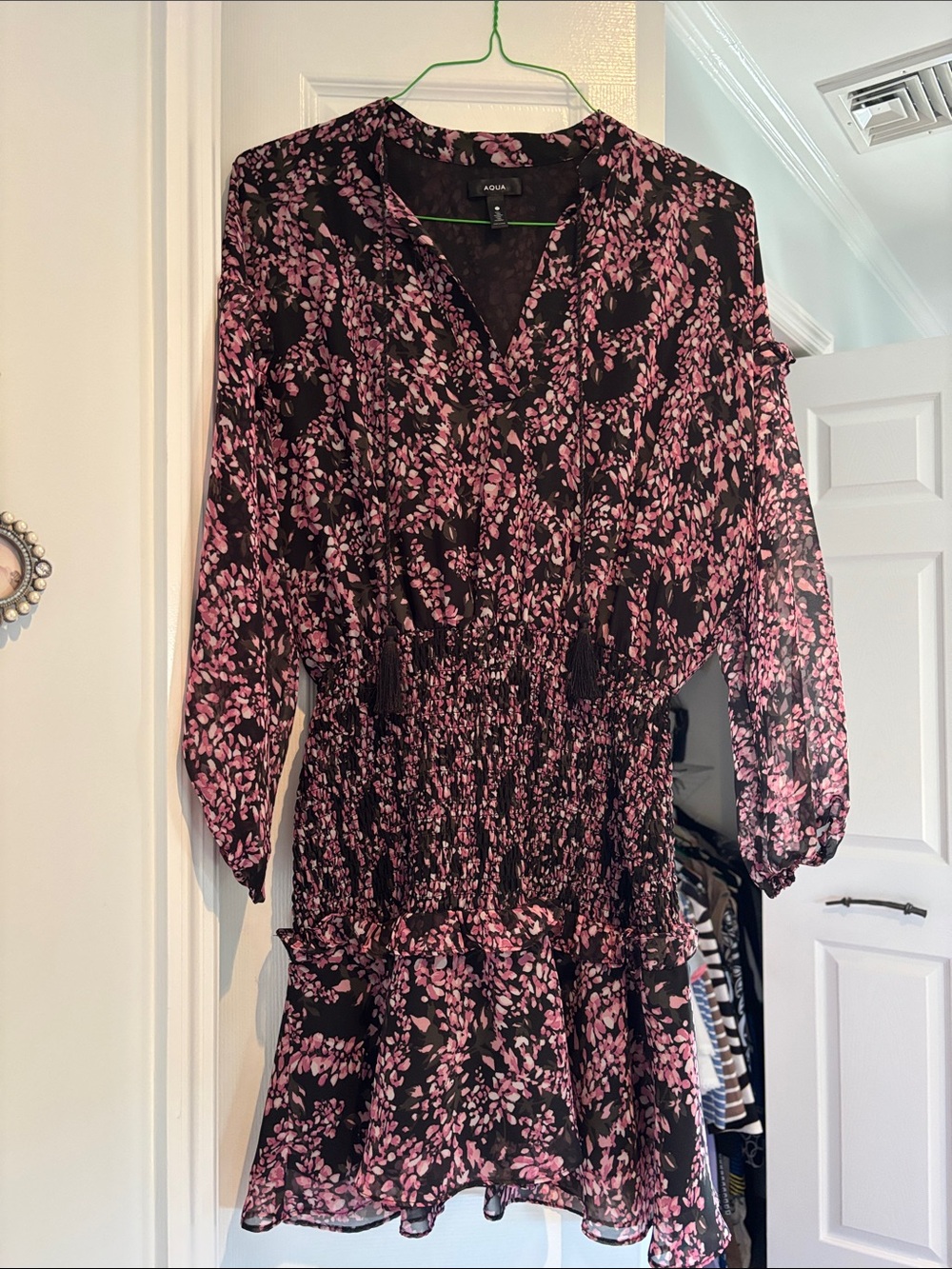 Aqua Dress with Pink Floral Print and Elastic Waist